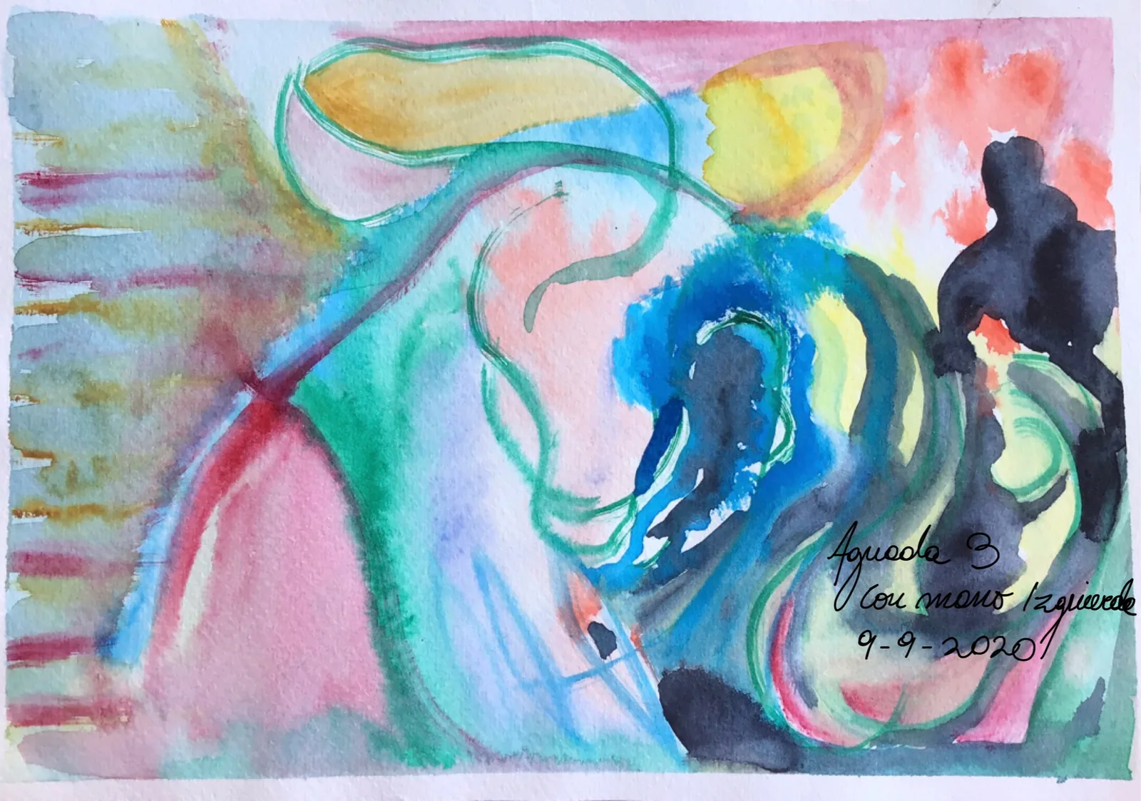Aguada de colores vivos pintada con la mano izquierda