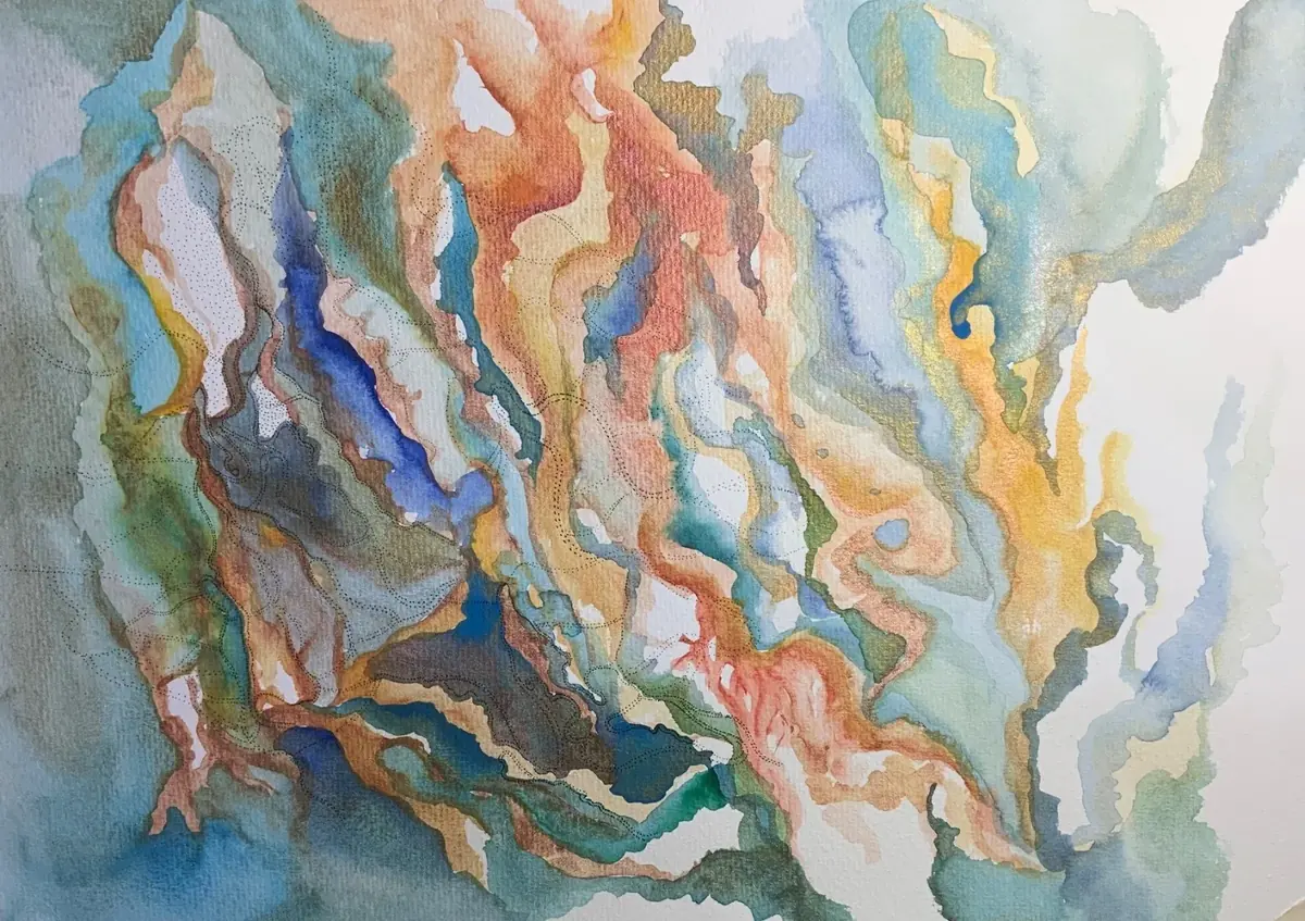 Acuarela abstracta en tonos tierra, azules y dorados