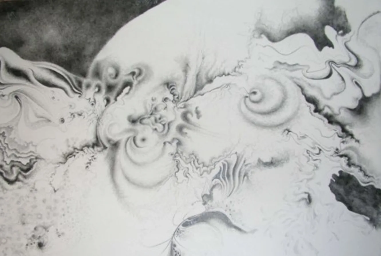 Dibujo abstracto en blanco y negro con espirales y ondas