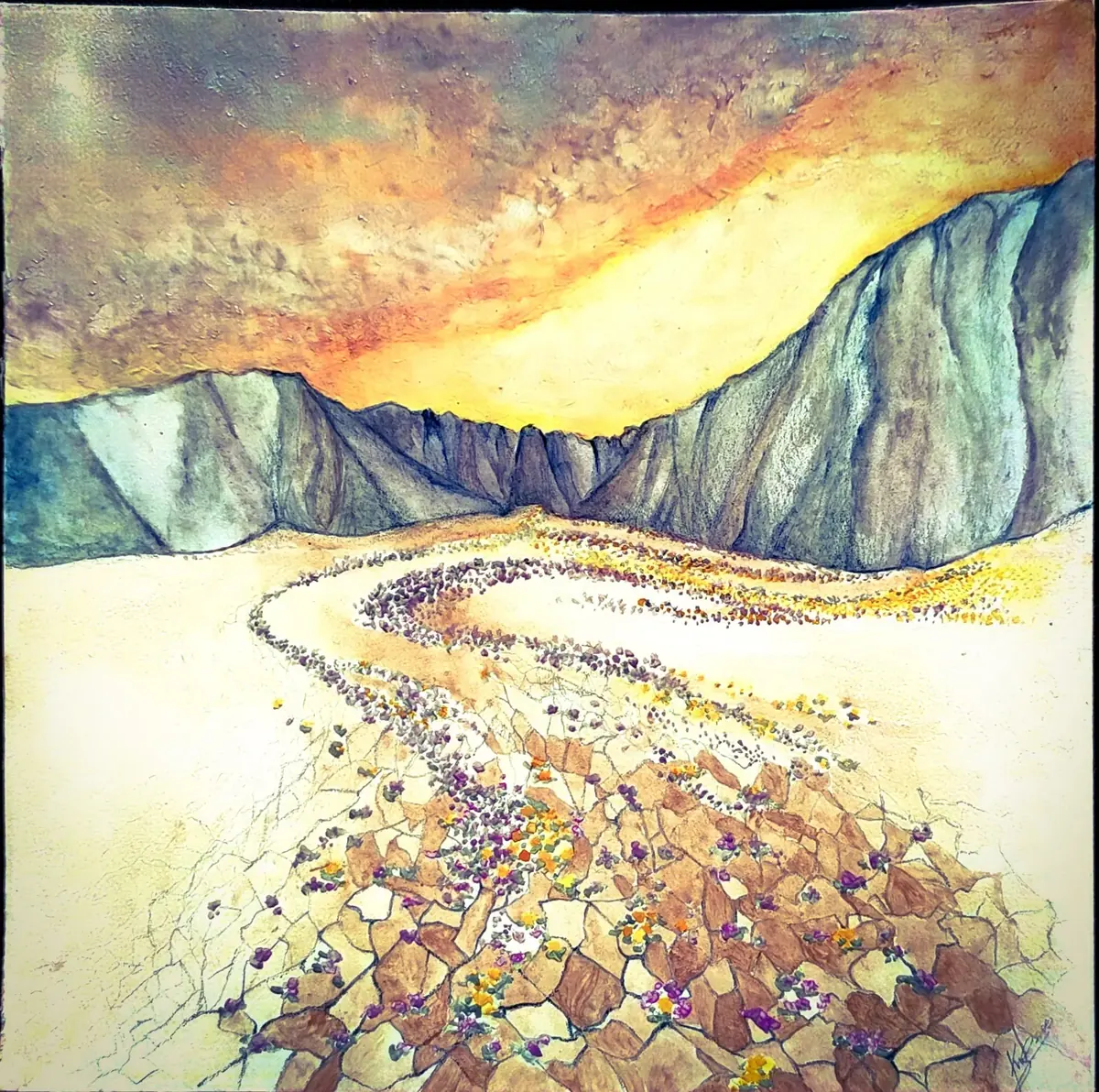 Ilustración de un valle con cerros y un camino de flores